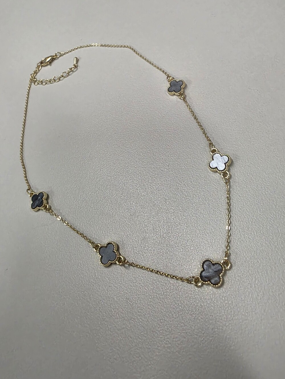 Dark Gray Clover Station Necklace Gold-Tone Four Leaf Iridescent